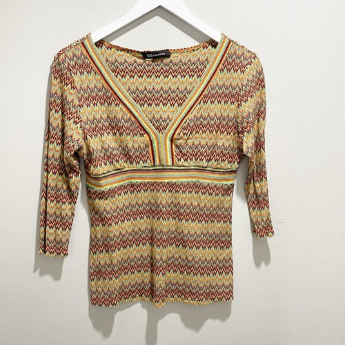 MONTON Women’s Multicolor Geometric Stripe Stretch Elbow Sleeve Top Size XL
