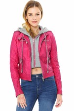 George Palomares Womens Fitted Faux Leather Hooded Moto Jacket
