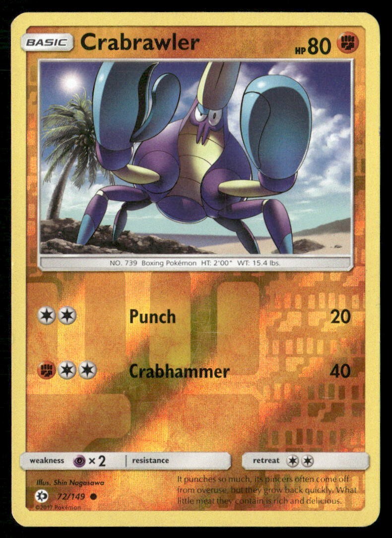 2017 Sun & Moon Set Pokemon Card 072  Crabrawler Reverse Foil LP