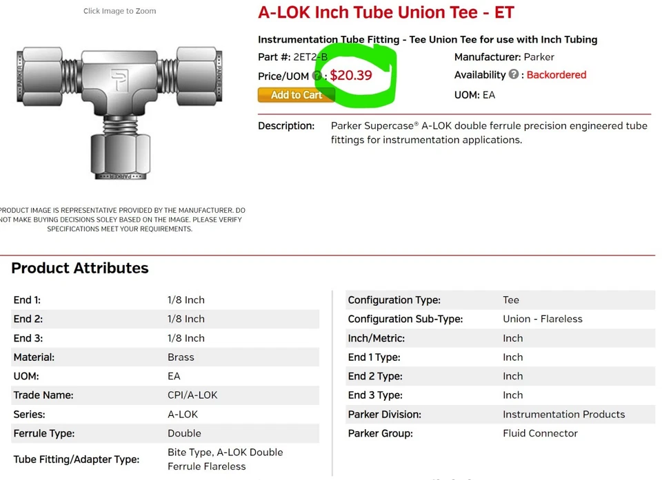 1/8” Compression Union Tee Parker A-Loc Double Ferrule [B6BY] - Image 2 of 4
