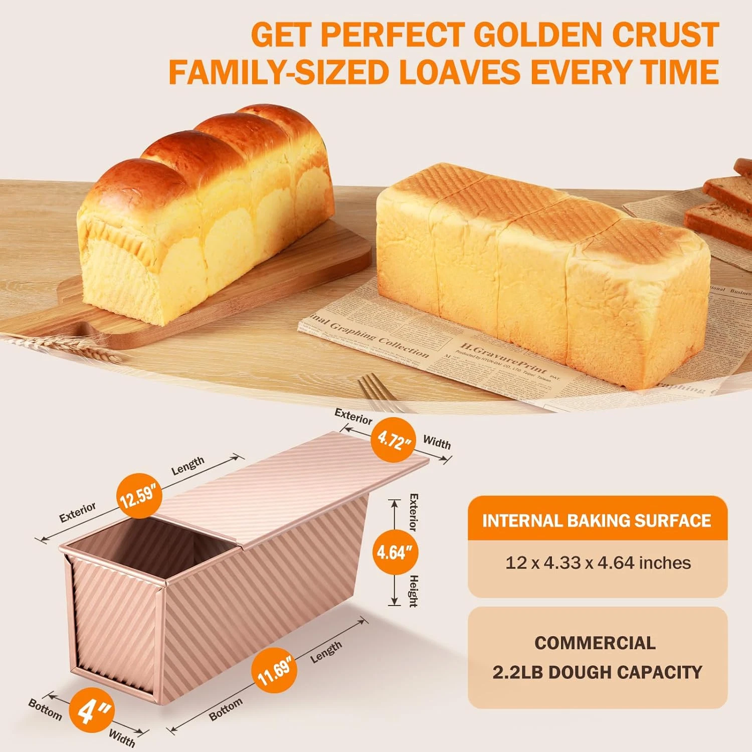 Pullman Loaf Pan Lid 13X4" Premium 2.2LB Nonstick Sandwich Bread Loaf Pan Carbon