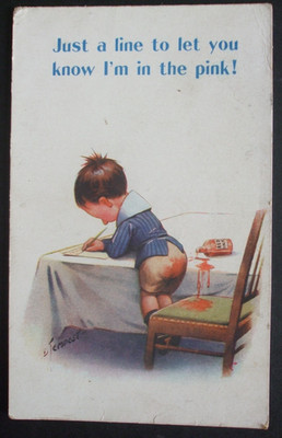 WW1 BAMFORTH Comic A LINE TO LET YOU KNOW I'M IN THE PINK PASS BY CENSOR STAMP