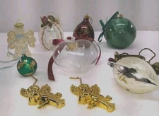 Vintage Christmas Ornaments Assorted Lot Of 10 Pcs Cherubs Lace Glass Ball 
