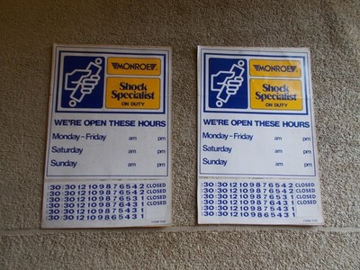 VGT NOS MONROE SHOCK STORE HOURS WINDOW STICKERS LOT-2 ADVERTIZING OPEN CLOSE