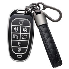 for Hyundai Key Fob Cover with Leather Keychain Soft TPU Full 7 Buttons Black-b