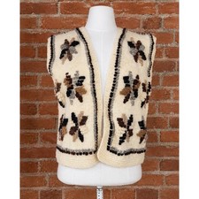 Vintage Handmade Wool Knit Vest Floral Open Front Boho Cottagecore Grandma