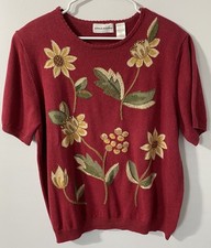 Alfred Dunner Red Floral Beaded Embroidered Pullover Sweater XL Cottage Grandma