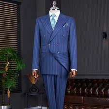 Men Blue Striped Suit Double Breasted Jacket Peak Lapel Tuxedo Wedding Business
