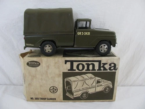 1963-64 Tonka Toys Green Army GR2-2431 Troop Carrier Truck w/ Box #380 Read!