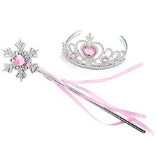 Princess Elsa Crown Tiara and Wand Set Silver Heart Light Pink,Snowflake Wand