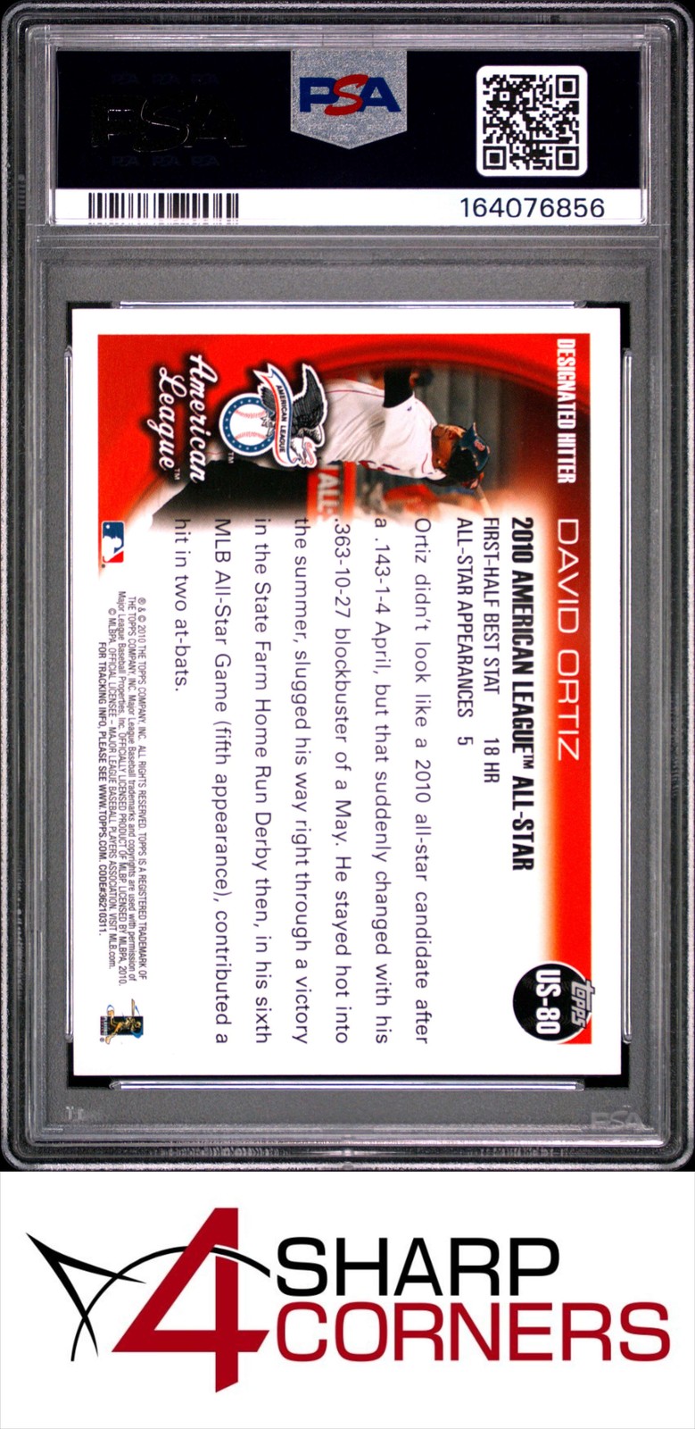 2010 TOPPS UPDATE #US80 DAVID ORTIZ RED SOX HOF PSA 10 view 2