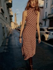 Zara Polka Dot Midi Dress With Bow In Color "Toffee"