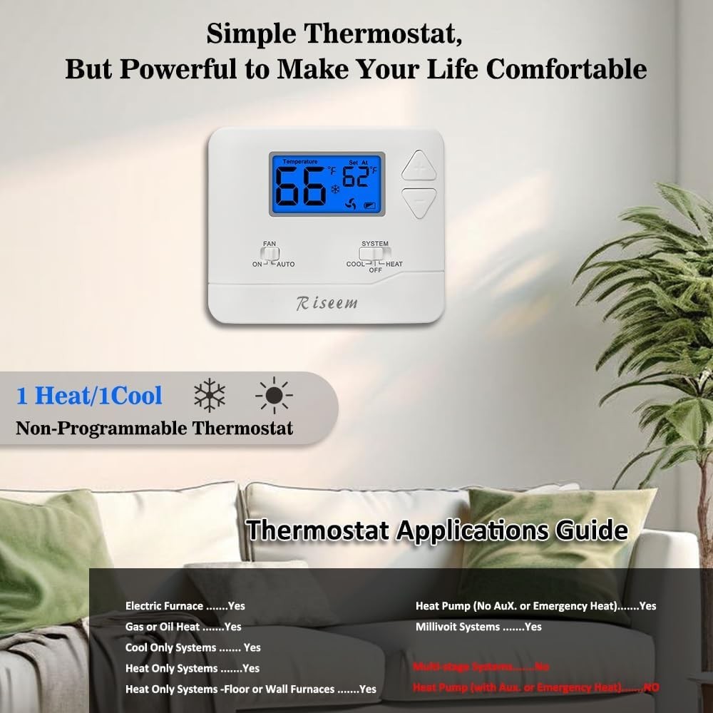 Non-Programmable Thermostat for Home, 1 Heat 1 Cool Single-Stage HVAC System