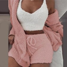 Women's Fluffy Pajama Set Hoodie Tank Top Shorts Winter Sleepwear 3 Pcs