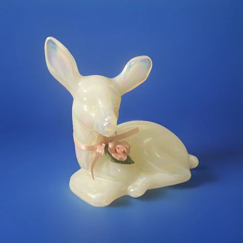 FENTON Pearly Sentiments Iridescent Glass Deer Figurine w/ Rose & Ribbon Opal