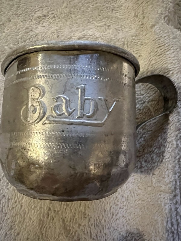 Vintage Tin Baby Cup Embossed “Baby” With Design