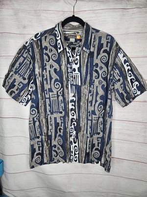 Quicksilver Shirt Mens L Blue White Hawaiian Tribal Button Up Camp Vintage Aloha