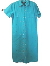 Denim & Co Dress Snap Front Shirt  Dress Denim Blue Embroidered Flowers Sz Med