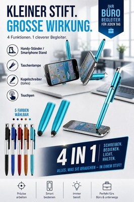 NEU 4in1 Kugelschreiber Licht Touchpen Smartphone Stand für Büro Arbeit Schule