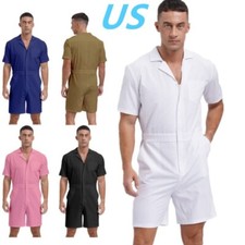 Men's Solid Color Rompers Jumpsuits Zipper Short Sleeve Coveralls Overalls