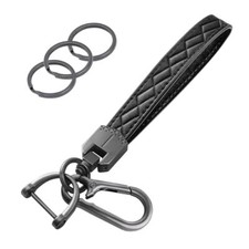Leather Wristlet Keychain,Car Key Chain Wrist Keychain with 3 Key Ring Black