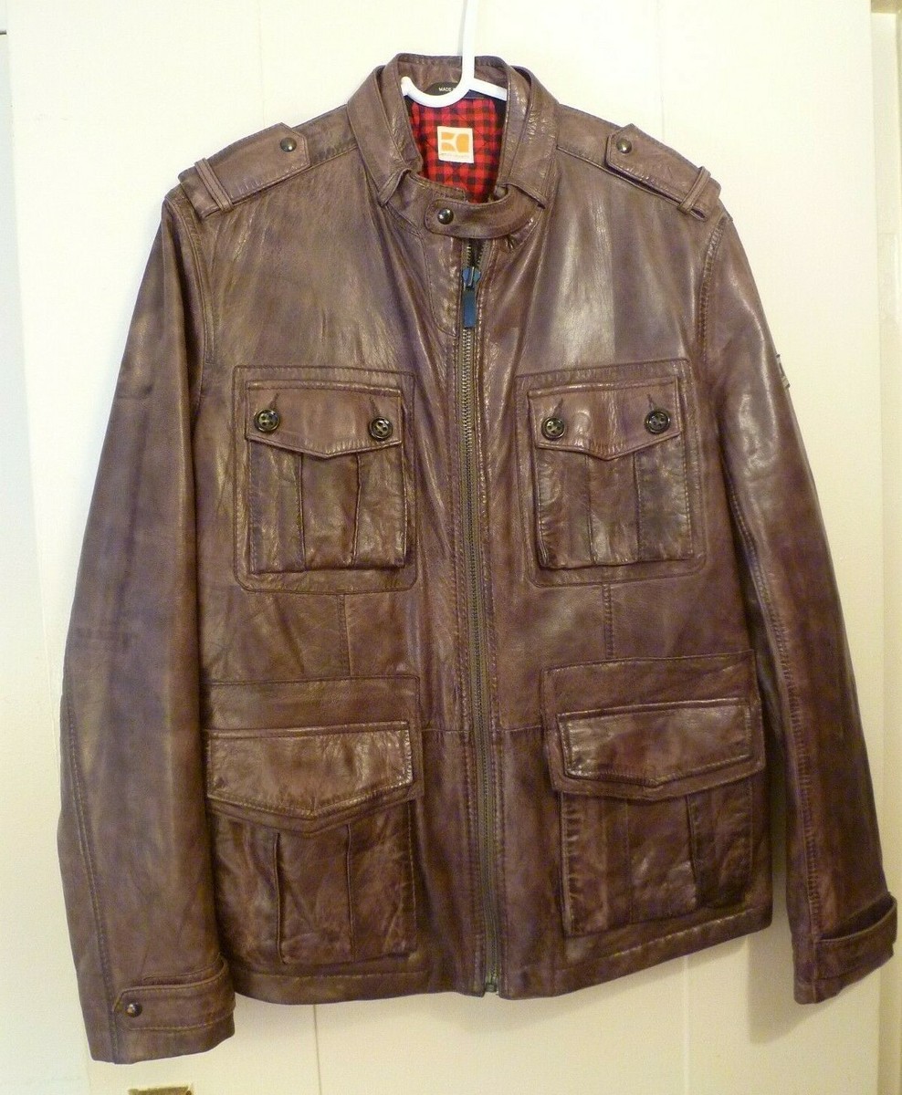 Hugo Boss Distressed Brown Thermore Leather Biker Trucker Jacket