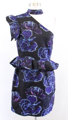 nicole miller one shoulder floral dress Nicole Miller Black Blue Floral Organza Peplum Ruffle One Shoulder Dress  Size 2