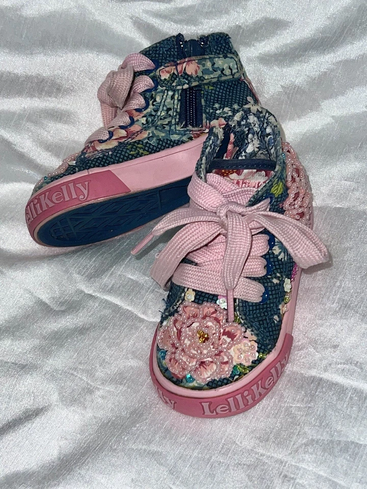 ZAPATOS CON CORDONES LELLI KELLY LK9087 ROSA Y AZUL FLORAL CON CUENTAS Talla 5M EU 21 Hi Top Foto 3 de 4