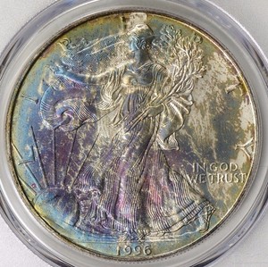 1996-1-Silver-Eagle-PCGS-MS-68-Gadsden-Label-Monster-Toned-WOW-Colors-Rare