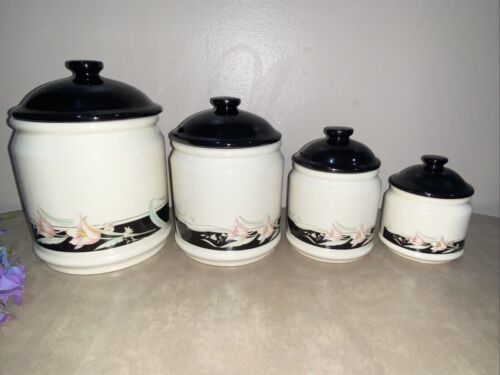 Corelle Black Orchid RARE ~ Canister Set Of 4 With Lids ~ Vintage - Picture 16 of 23