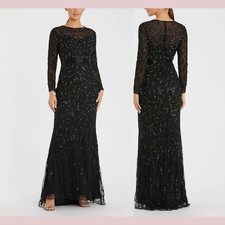 NWT $598 Mac Duggal [ 16 ] 5124 Beaded Long Sleeve Evening Gown Black #J1397
