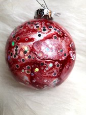 Hand-Painted Red & Silver Holiday Ornament With Glitter Accents For Christmas Tr
