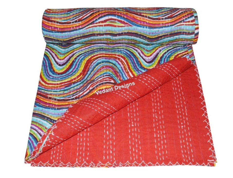 COTTON HANDMADE ETHINIC KANTHA STITCH QUILT THROW BLANKET Floral INDIAN Lahriya - Image 2 of 4