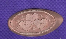 I LOVE YOU (3 Hearts) Elongated Pressed Copper Penny