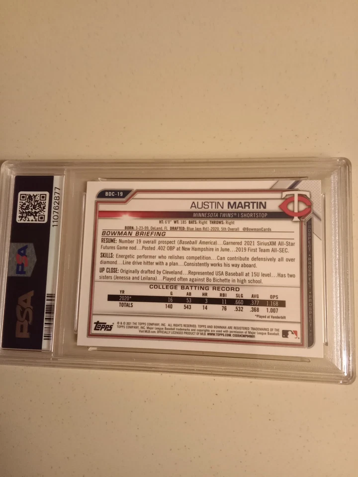 2021 Bowman Chrome SAPPHIRE Austin Martin #77/99 YELLOW #BDC19 Graded PSA 9 MINT - Image 2 of 2