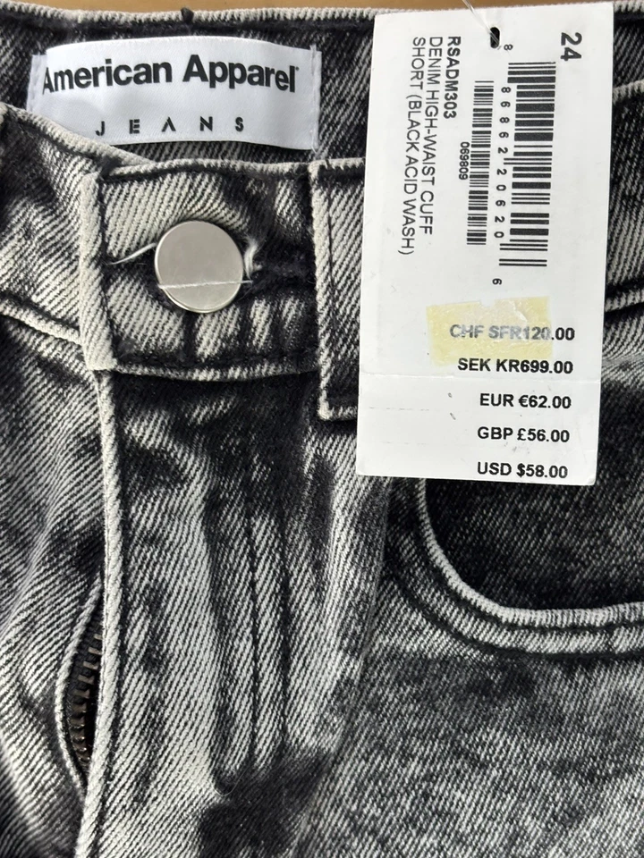 American Apparel Black Acid Wash / Grey Denim High- Waist Cuff Shorts Waist 24in - Image 4 of 4