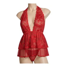 Victoria’s Secret Lace Tulle Plunge Babydoll Set | Bright Vermillion Red