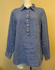 Talbots Blue 100% Linen 1/2 Button Front Shirt Size Medium