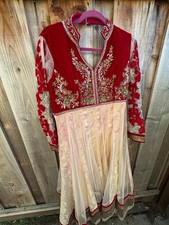Beige  Red Long Indian Dress Pakistani Clothing RHINESTONES VELVET XL -LOCATD42