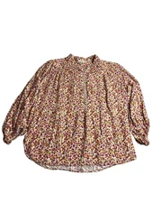 Max Studio Womens Floral Print Long Sleeve Blouse L Rayon Popover Boho Retro