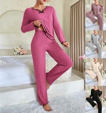 Ladies Elastic Waist Long Sleeve Sleepwear Women Winter Ribbed Pyjamas Sets Pjs