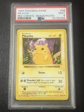 No Reserve PSA 9 1999 POKEMON BASE SET  RED CHEEKS-SHADOWLESS #58 PIKACHU RARE