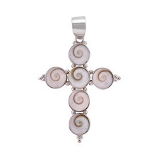 CROSS Shiva Eye Pendant in 925 Sterling Silver made with SHELL - 5.1 CM Wd Chain