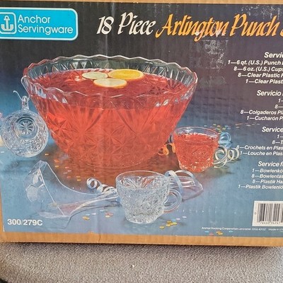 Anchor Hocking Arlington 18pc Punch Bowl Set w/ Cups Hangers Ladle 300/279C