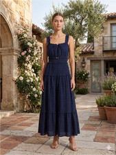 ELIE TAHARI SLEEVELESS EYELID EMBROIDERED SMOKED NAVY MIDI DRESS SIZE XS $385