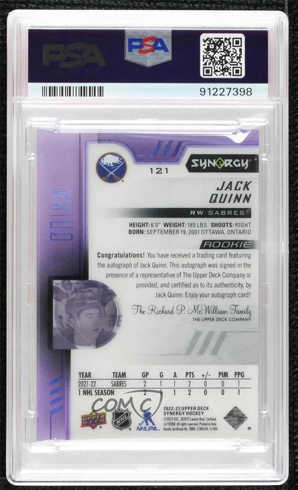 2022 Upper Deck Synergy Rookies Purple /49 Jack Quinn PSA 9 MINT Rookie Auto RC - Image 2 of 2