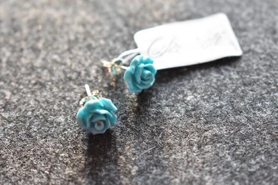 Rosen Ohrstecker 925er Echt Silber blau Rose Blume Ohrringe Ohrschmuck - Bild 1 von 4