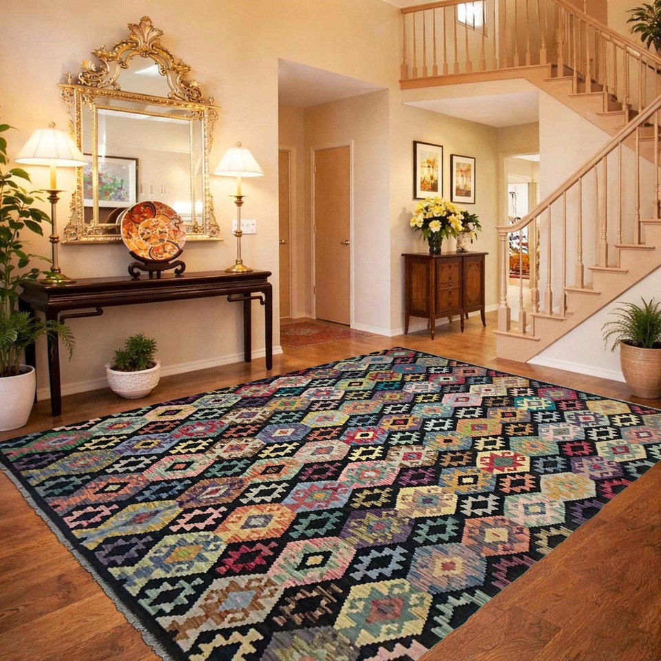 White Rug With Diamond Pattern Diamond Patterns Handmade Rug 6.7x9.7Ft Oriental 100% Wool Flat Kilim ...