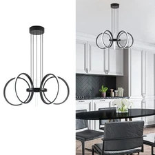 Modern LED Chandelier, Black Pendant Light with 5 Rings, Adjustable Height Mo...