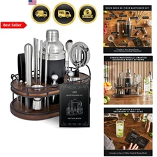 Cocktail Shaker Set Barware Kit 22 Pieces Silver Wooden Stand Gift